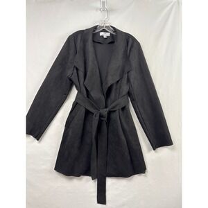 Magaschoni Faux Suede Wrap Jacket Womens XL Black Excellent Tie Belt Trench Coat